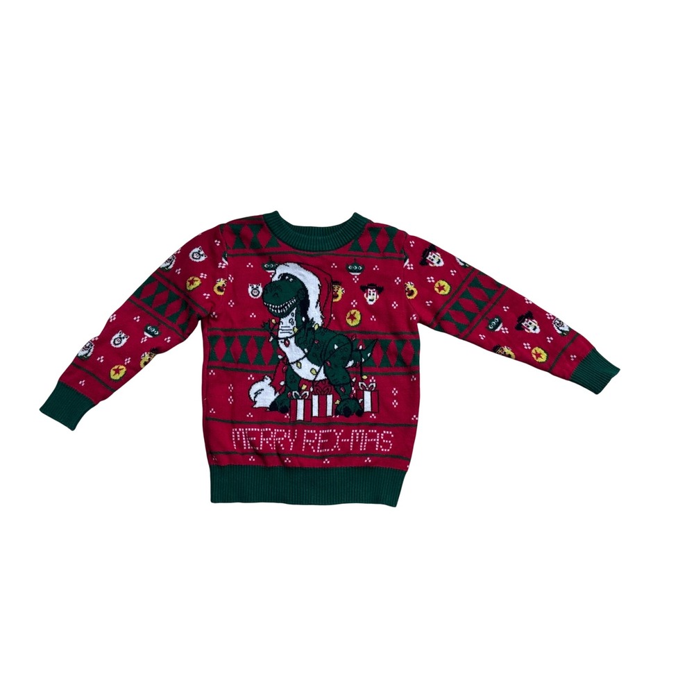 Disney Toy Story Rex Ugly Christmas Sweater Kids 2T Merry Rex-Mas Red Green Knit